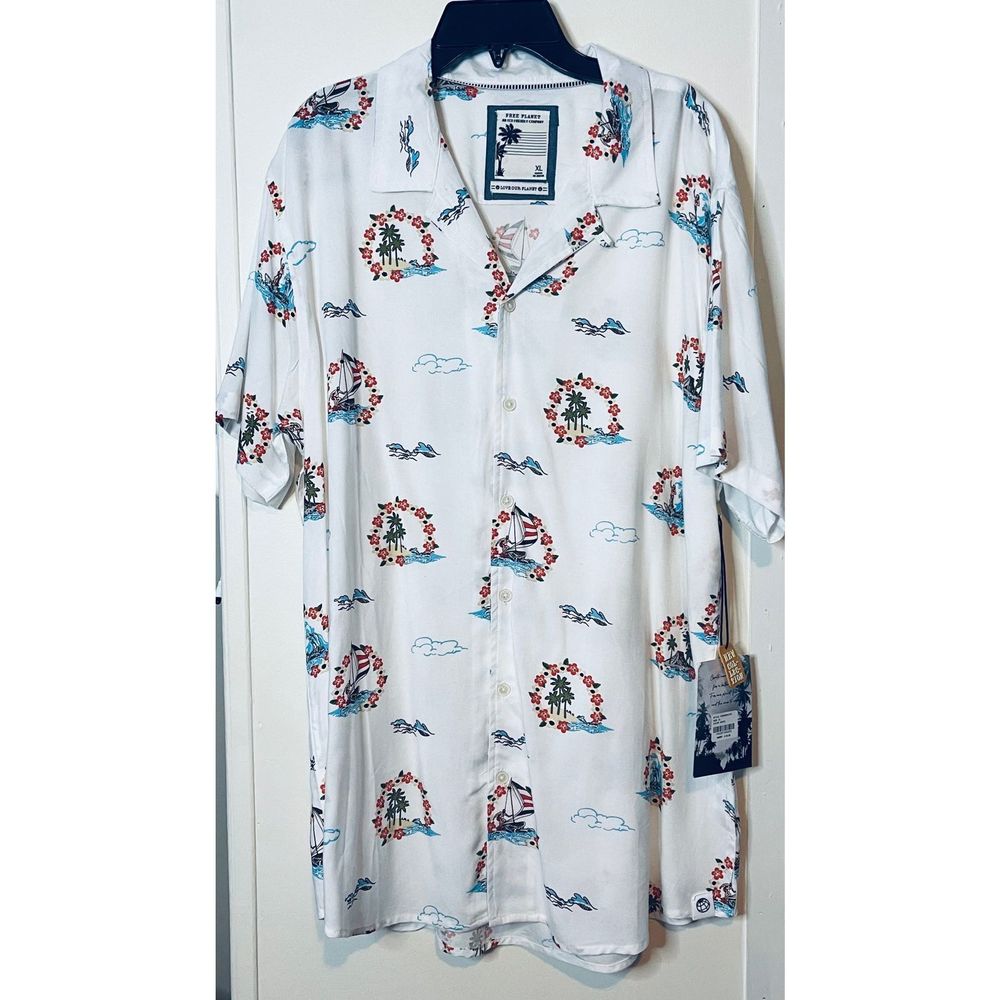 Mens Free Planet Button Up Hula Girl Hawaiin XL